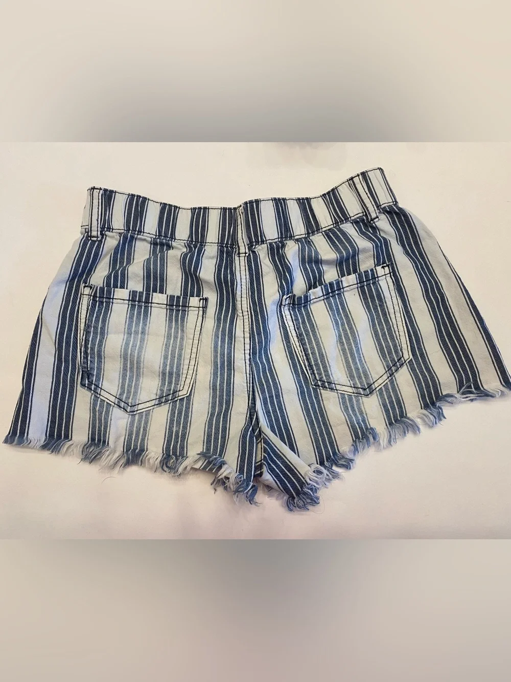 Rewash Navy & White Vertical Stripe Frayed-Hem Jean Shorts
